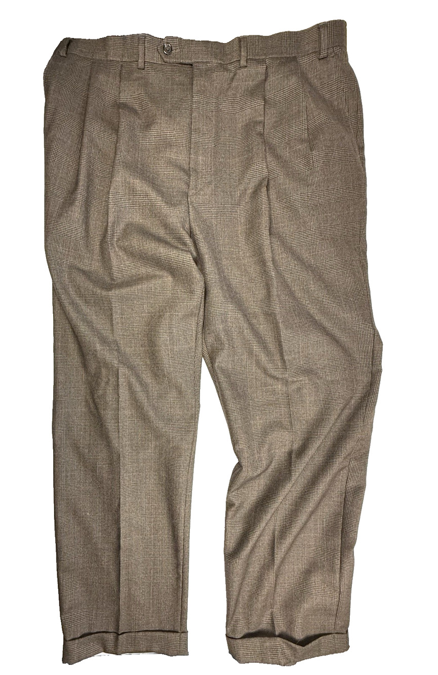 Lauren Ralph Lauren men's Glen Paid Pleated Trousers Brown Cuffs 40W x 34L Vtg